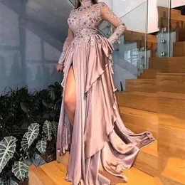 Wysokie eleganckie sukienki z baldasami Szyjka A-line seksowna strona rozłam długie rękawy formalne suknie wieczorowe koronkowe aplikacje zakurzone różowe satynowe kobiety specjalne sukienka OCN