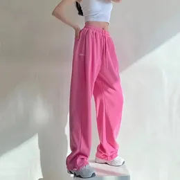 Rimozy Pink Wide Bein Joggshose für Frauen hohe taillierte kausale Sporthosen weibliche Feste Farbe Basic Harem Hosen Frau 240412