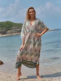 Party Dresses Shoreline Beach Wear Cover Up lövtryck maxi klänning flare batwing hylsa afrocentrisk voluminös eterisk kaftan resort