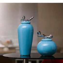 Garrafas de armazenamento simplicidade de potes de porcelana azul com tampas de tampas de prata vaso de cerâmica arranjo de flores decoração de mesa jar