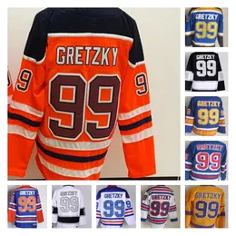 99 Wayne Gretzky Vintage Hokey Formaları Siyah Beyaz Donanma Sarı Mor Turuncu Alternatif Nakış Forması Üniformaları