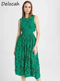 Casual Dresses Delocah High Quality Summer Women Fashion Designer Green Dress Hollow Out Embroidery Patchwork Big Swing Sleeveless Tank