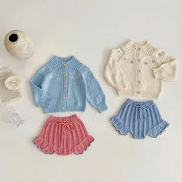 Clothing Sets Infant Baby Sweater Contrast Embroidery Floral O-Neck One Breasted Knitting Coat/Ruched Hem Cute Shorts Girls