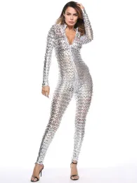 Openers Wet Look Shiny PU Leather Catsuit Fish Scale Hollow Out Long Sleeve Zipper Open Crotch Bodysuit Tight Hot Sexy Clubwear Jumpsuit