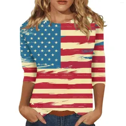 Frauenpolos 3/4 Ärmelhemden für Frauen Independence Day Print Grafik Tees Blusen lässig Plus Size Basic Tops Pullover modisch