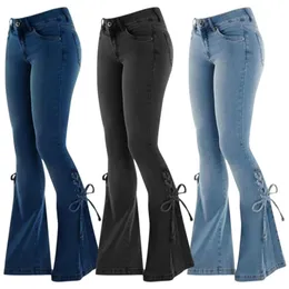 Plusplinie hohe Taille Verband Stretch Flare Jeans Vintage Streetwear Schnüre -up -Outfit Glockenboden Patchwork Goth Denim Pant Y2K 240423