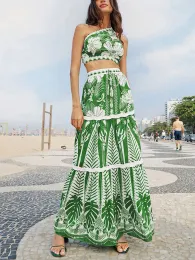 Ternos verdes impressão vintage split um ombro Romântico Romantic Resort Travel Dress Long Beach Dress e Biquíni 2023 Mulheres mais recentes verão