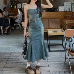 Casual klänningar lxunyi kvinnor mode stropplös klänning bodycon sommar vintage denim ärmlös inslagning söta blyertspenna jeans