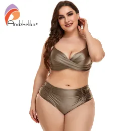 Set Andzhelika High Waist Bikinis Women Swimwear Summer Solid color highgrade fabric bikini Set Plus Size Swimwear Bathing Suit