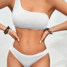 New Wave Pattern Solidoll One Shoulder Sexy Split Bikini Swimsuit