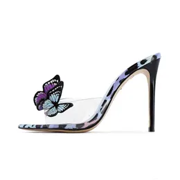 PVC in pelle 2024 donne donne con tacchi alti sandali scarpe scarpe da scarpa da pantolo estate saccheggiata puntata a punta di punta del matrimonio 3d farfalla trasparente siz