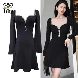 Vestidos casuais Tingfly Mulheres de inverno Autumn Moda Glitter Crystal decote de cristal Slim Fit A Line Knitting Mini vestido curto Lady Retro elegante