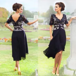 Elegant Blue New 2017 Navy Mother Of The Bride With Half Sleeves V Neck Lace Evening Dresses Tea Length Formal Wear Ba1735