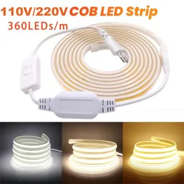 220V 110V 360COB 288COB LED Strip Light Super Bright Waterproof Outdoor Lamp Flexible Led Tape Lighting with US/EU Plug