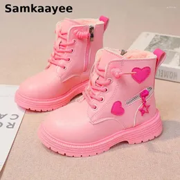 Boots 4-18y Girls Kids Casual Shoes Spring Autumn Children Leather Pink Love Zip Soft Sole Round-Toe Princess Ankle Botines Y34