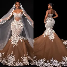Champagne sjöjungfru bröllopsklänning plus storlek ren juvel hals långa ärmar pärlor spetsar bröllopsklänningar brudklänningar svarta kvinnor afrikansk arabisk illusion mariage