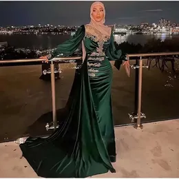 Hijab elegante cetim esmeralda vestidos muçulmanos de mangas compridas sereia sereia árabe vestido noturno de cristal com miçangas marroquinas kaftan feminino