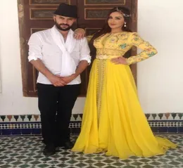 Middle East Yellow Chiffon Long Sleeves Dubai Muslim Evening Dress Party Gowns Vestidos para festa Arabic Kaftan Prom Dresses2020505