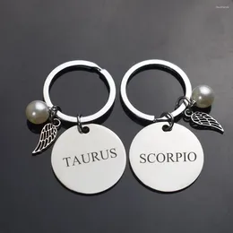 Keychains 12 Zodiac Keychain Edelstahl Gravurte Sternbilder Keyring Modebretter Charme Schlüsselkette Schmuck Geburtstag Geschenk