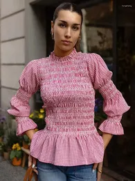 Frauenblusen Khalee Yose Elegant French Chic Bluse Shirt Pink Plaid Vintage Rüschen Langlanger Laternenhülle Schlanke Freizeit Damen Frauen Top