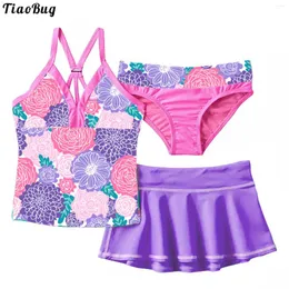 Women's Swimwear TiaoBug Summer 3Pcs Kid Girls Floral Print Swimsuit V Neck Straps Sleeveless Top With Skirt And Briefs Set Beach Pool