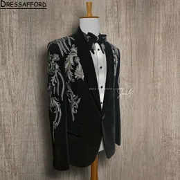 Czarne dwa sztuki Mężczyzn Suits Cequined Appliques Frezowanie wieczorne impreza Blazer Groom Wear (kurtka + spodnie)