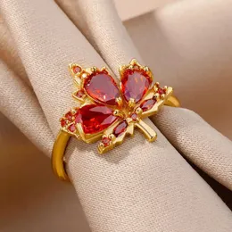 Anéis de casamento Anéis de folhas de bordo de zircão para mulheres aço inoxidável cor de ouro de abertura da planta moda moda coreana festa judeu judeu presente