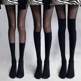 Sexy Women Tights Pantyhose Patchwork Sheer Black Thigh High Stockings Tight Female Hosidery Over Knee Stripe 240424