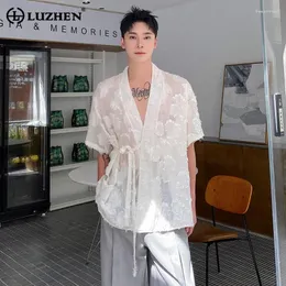 Mäns avslappnade skjortor Luzhen Jacquard genomskinlig design mode kortärmad sommarpersonlighet trendiga gatan toppar lz3160