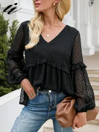 Camicette da donna II V Nerck Lace Patchwork Blusas fultura sciolta Swiss Dot Beach Tops Women Spring Long Sleeve Blouse