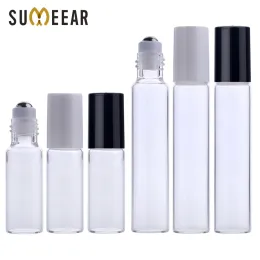 Ferramenta 5 ml 10ml de vidro de garrafa de óleo essencial em garrafa de rolo com aço inoxidável preto tampa branca recarregável Recipientes de garrafa de perfume