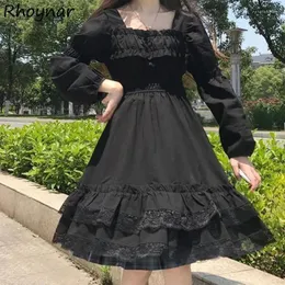 Casual Dresses Loose Gothic Black Princess Dress Autumn Girls Puff Sleeve Aesthetic Lace Design Chic Vintage Sweet Square Collar Vestidos