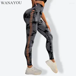 Active Pants Wanayou Women Bind Dye Hollow Out Leggings Sport Yoga Fitness Sportwear Sexig hög midja Push Up Gym Tights Sport
