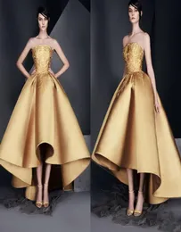 HighLow Gold Elegant Evening Dresses Strapless Sleeveless Prom Gowns With Applique Back Zipper Custom Made Formal Party Dresses 25415683