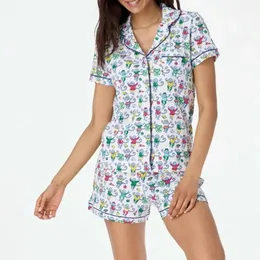 Kawaii Cartoon Print Lounge Pajama Sleepwear Женщины с коротким рубашкой с коротким рубашкой Top Shorts Y2K Vintage Comfy 2 Piece Set Eatings 240426