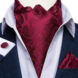 Bow Ties Men Vintage Red Paisley Floral Silk Ascot Tie Set Wedding Party Cravat Necktie Pocket Square Cufflinks 3pcs Dibangu
