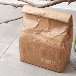 Väskor Hot Sale Kraft Paper Lunch Bag Waterproof återanvändbara picknickväskor Termiska matfällväskor En svag värmeisoleringseffekt