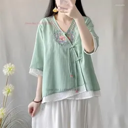 Roupas étnicas 2024 Chinesa Blusa melhorada Bordado nacional Bordado V-dequela em V Meditação de linho de algodão tradicional Zen Camisa solta