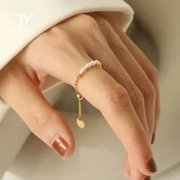 Band Rings French Simple Vintage Pearl Chain Pull Justering Gold Ring Girls Ny Elegant Accessories Fashion Finger Smyckes Q240427