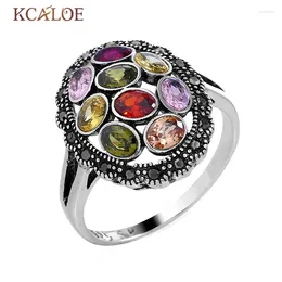 With Side Stones KCALOE Zircon Engagement Rings For Women Vintage Crystal Rhinestone Ring Antique Silver Finger Jewelry Female Anel Bagues