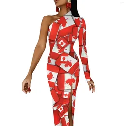 Casual Dresses Red Leaf Bodycon Dress Autumn Canada Flag Sexy Side Split Long One Shoulder Pattern Aesthetic