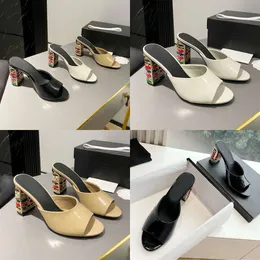 Quality Top Slip-on Leather Colored Mid-heel Sandals Slides Chunky Mules Slippers Peep Open-toe Women's Designers Womens Shoes 8.5cm Original Quality