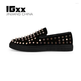 Sıradan Ayakkabı Igxx Erkekler İçin Elastik Perçin Siyah Punk Metal Çiviler Erkek Kulüpleri Flats Loafers Orijinal Deri Motosiklet