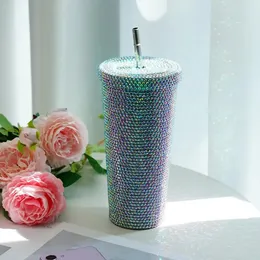 Bling Thermal Bottle 750ml Glitter Diamond Tumbler Lid água com escova de limpeza de palha 240425