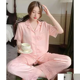 Womens Sleepwear Lenceria Women S Spring Summer Pajamas For Short Sleeve Lace Casual Home Wear Clothing Lapel Top Pant Suit Comfortabl Otjw9