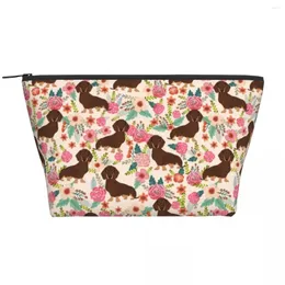 Kosmetiktaschen Reisen Dackel Blumen -Blumen -Tasche Mode Schokolade und Tan Doxie Dog Make -up Organizer Schönheit Aufbewahrung Dopp Kit Hülle