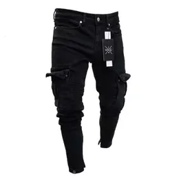 Herren Stretch Jeans schwarze große Seitentaschen Frachtjeans Mode Reißverschluss kleiner Fuß -Jeanshosen Elastische Jogginghose Streetwear 240420