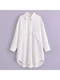 Blusas femininas 2024 feminino outumn casual impressão listrada branca camisetas de rua solteiras meninas giradas de colarinho de colarinho dois bolsos de comprimento
