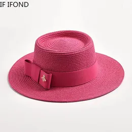 Frühlings Sommerstrohhüte für Frauen rund holprige Oberfläche flacher Top Bowknot Dress Mütze Strand Sonnenhut Gorra 240425