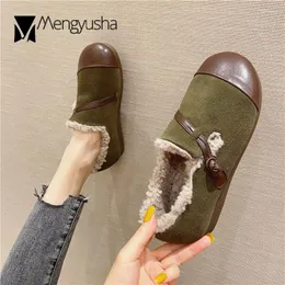 Sıradan Ayakkabı Peluş Nubuck Cowhide Moccasins Kadın Kordon Knot Gerçek Deri Daireler Kış Pamuk Kadınlar Yün Kürk Moomers Artı Boyut